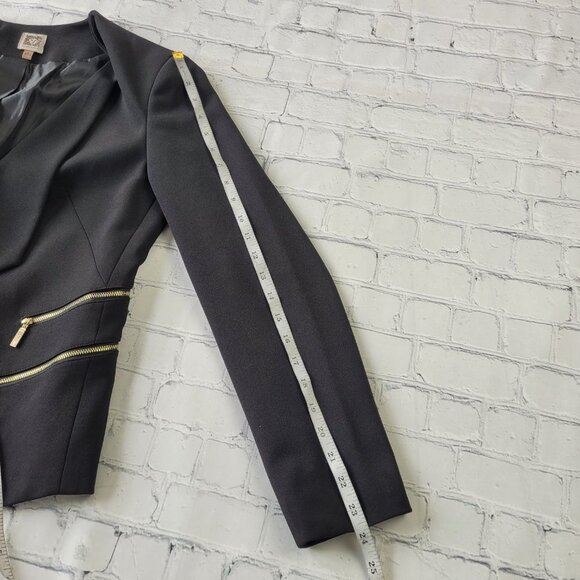 ANNE KLEIN BLACK CREPE GOLD ZIPPERS OPEN FRONT MOD STYLE JACKET COAT size S - Picture 6 of 13